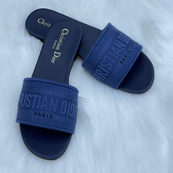 Christian Dior Dway Slide  Blue Embroidered Cotton - Picture 1 of 3